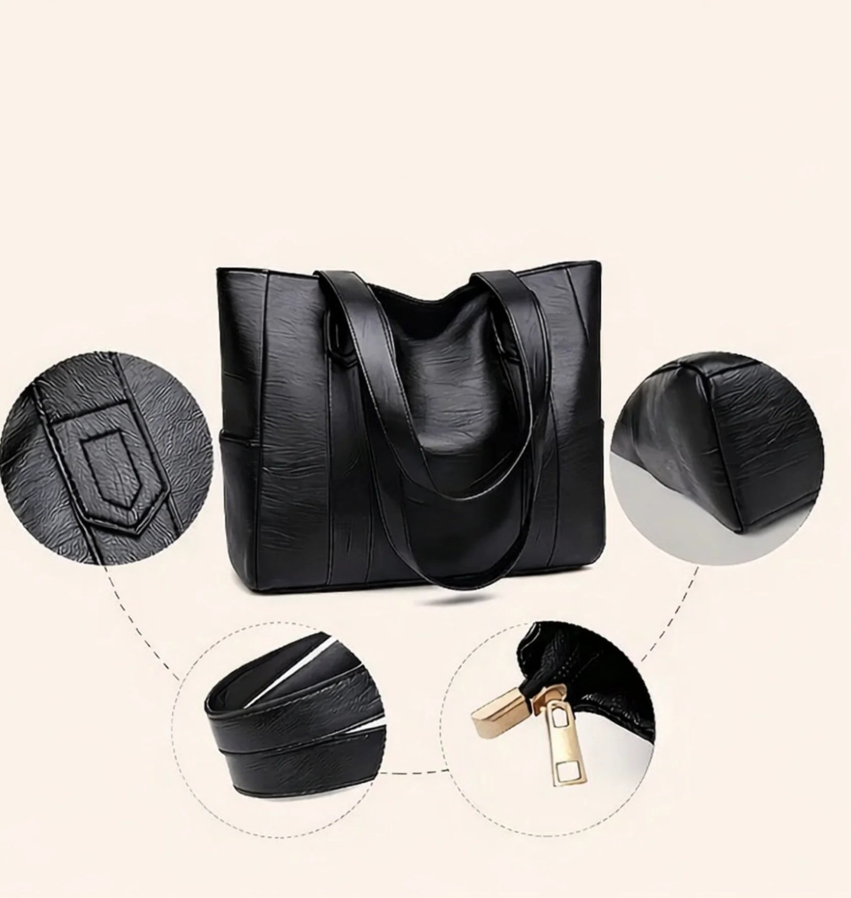 Comprar bolsa feminina grande couro sintético tote preta espaçosa para trabalho faculdade e notebook barato ANELLIMN