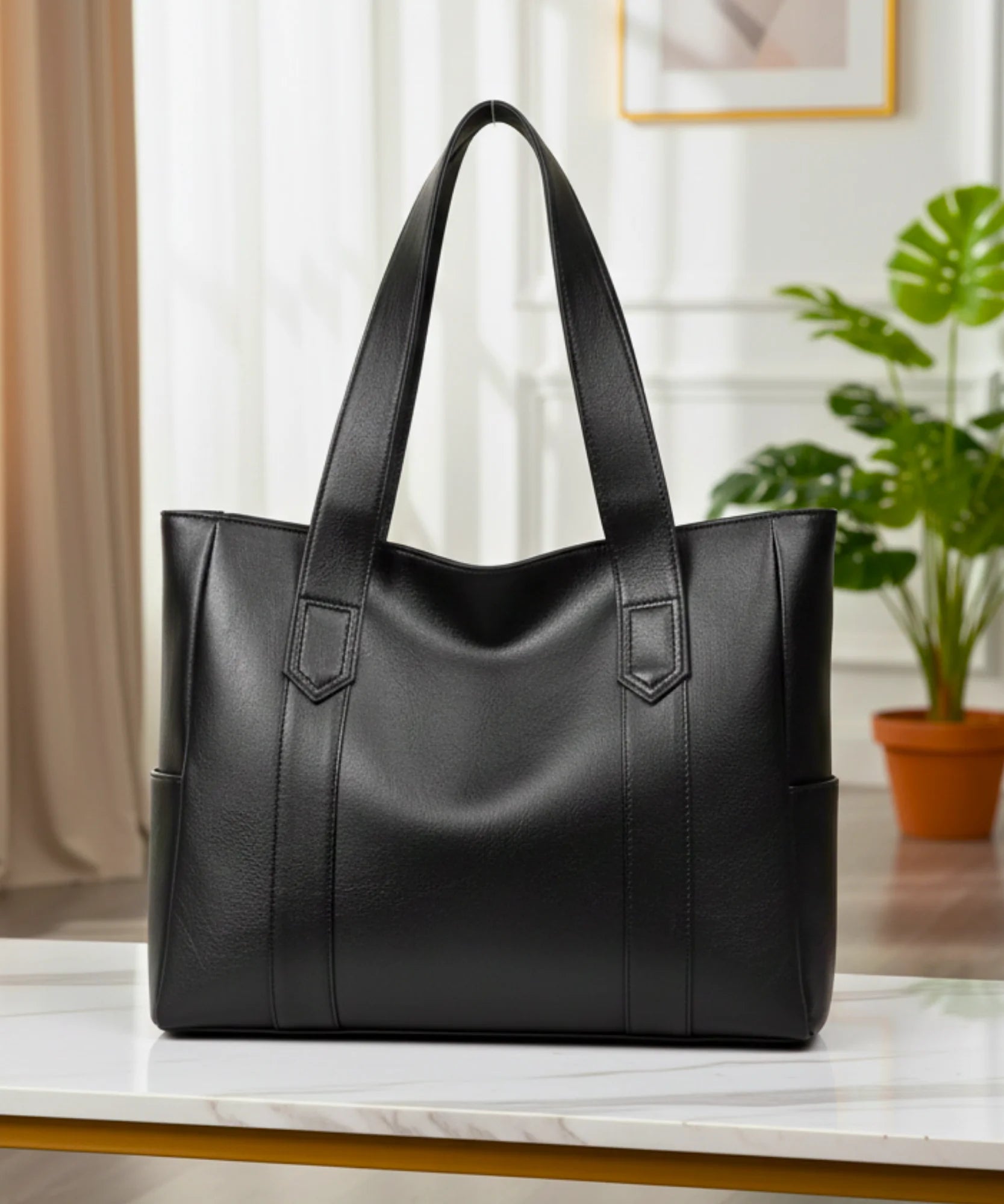 Comprar bolsa feminina grande couro sintético tote preta espaçosa para trabalho faculdade e notebook barato ANELLIMN