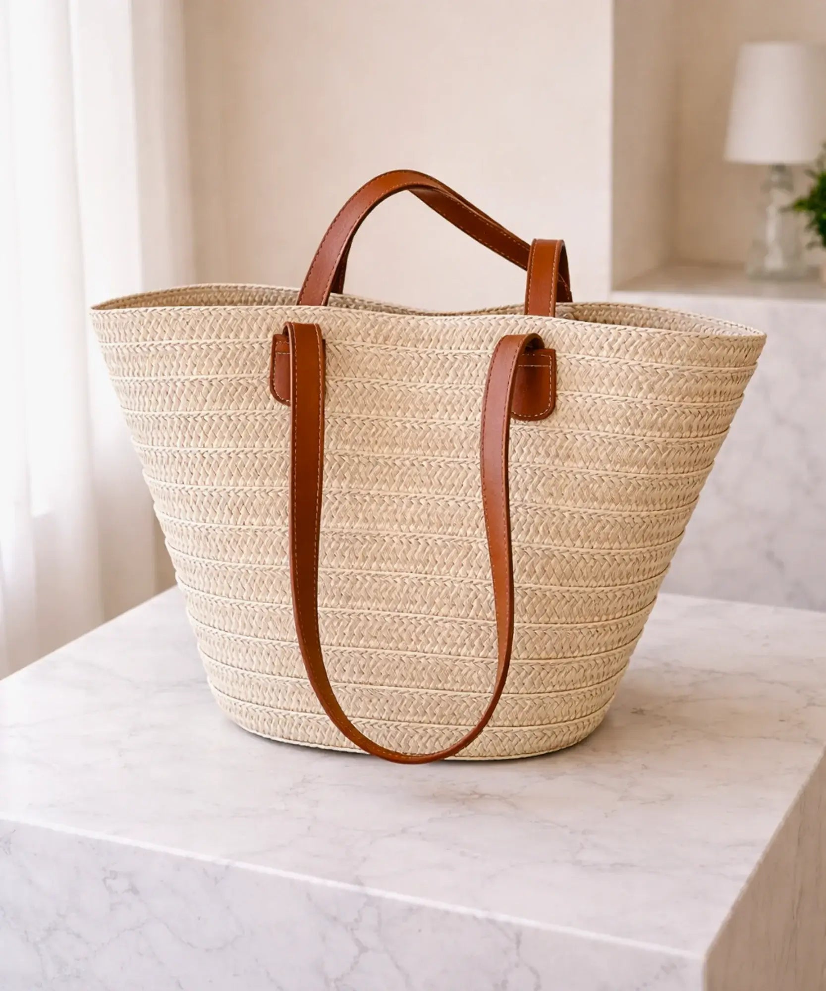 Comprar bolsa de praia feminina palha trançada com alças de couro grande tote sacola casual barato ANELLIMN