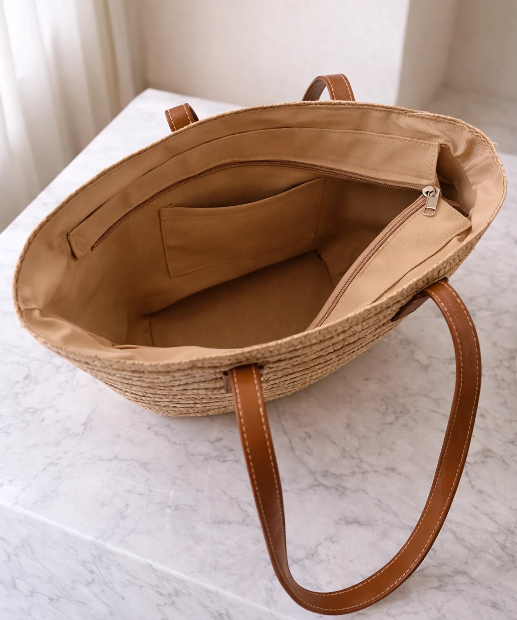 Comprar bolsa de praia feminina palha trançada com alças de couro grande tote sacola casual barato ANELLIMN