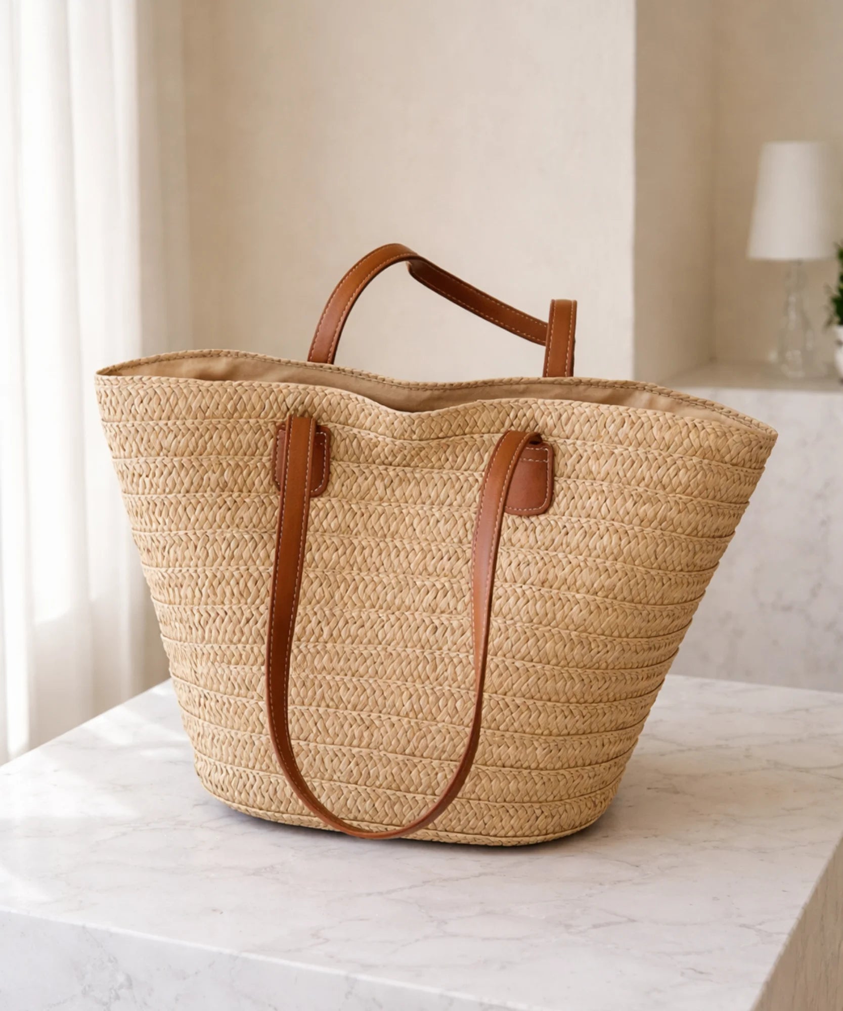 Comprar bolsa de praia feminina palha trançada com alças de couro grande tote sacola casual barato ANELLIMN