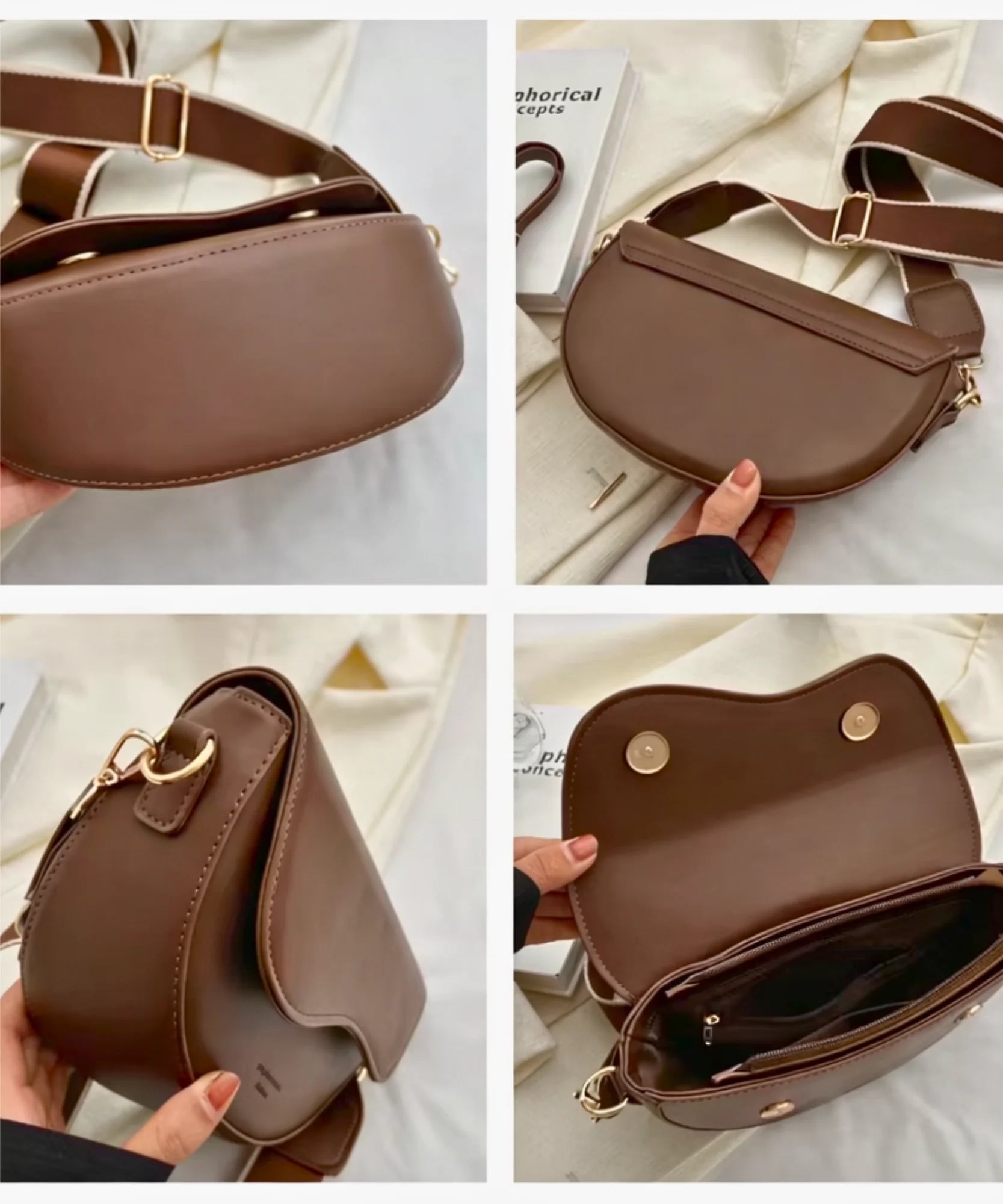 Bolsa transversal feminina couro sintético meia lua com alça larga ajustável look casual comprar barato ANELLIMN