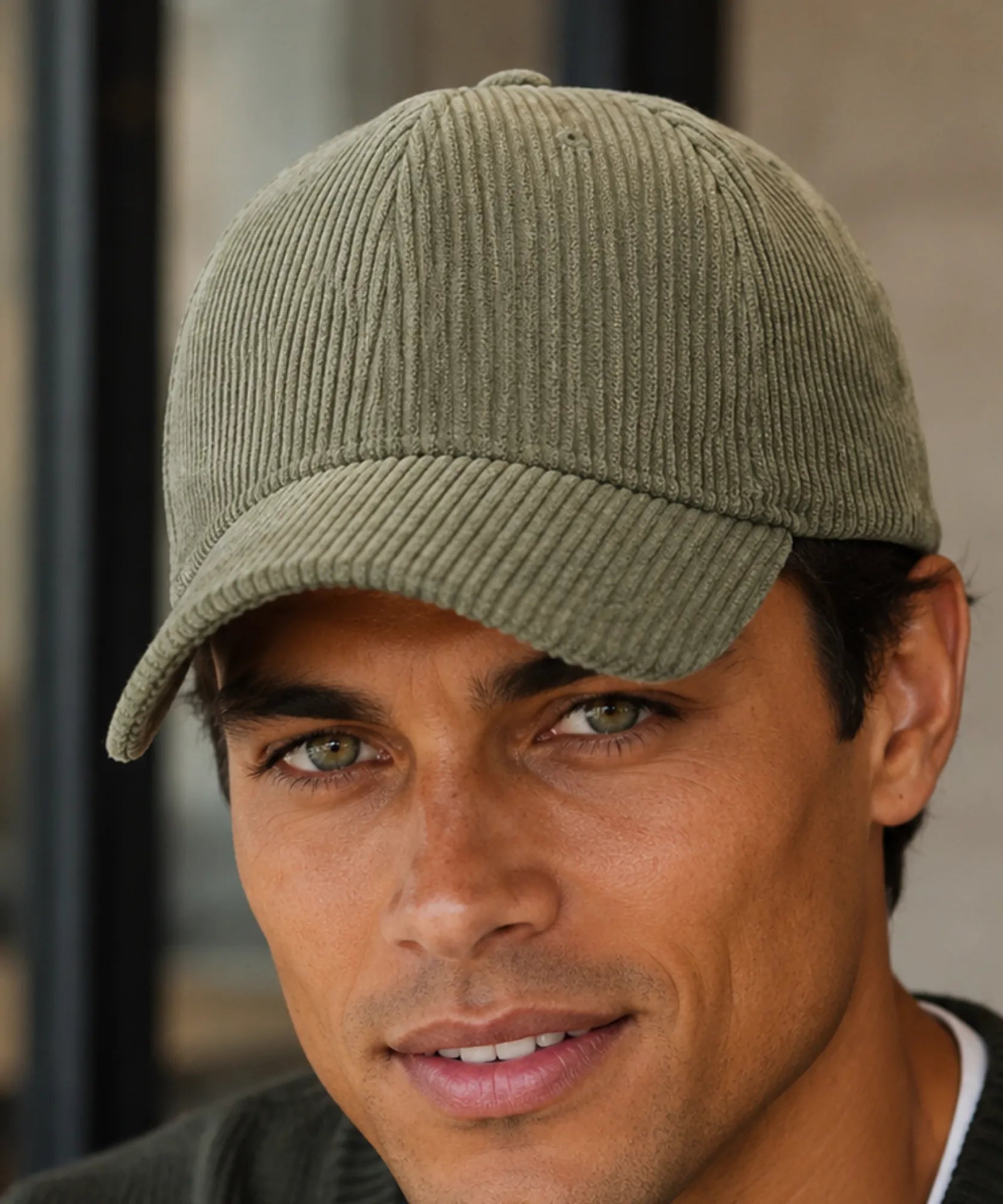 Boné aba curva de veludo cotelê verde oliva em modelo masculino