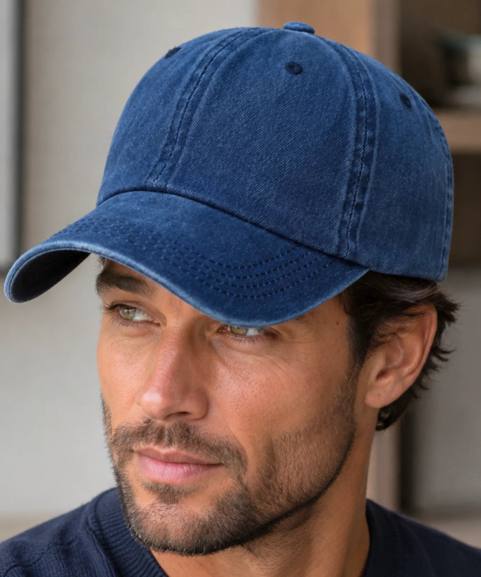 Boné masculino dad hat azul marinho estonado com aba curva