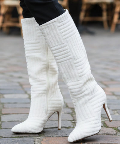 Comprar bota bico fino feminina cano alto malha knit texturizada salto stiletto franzida barata AREZZO