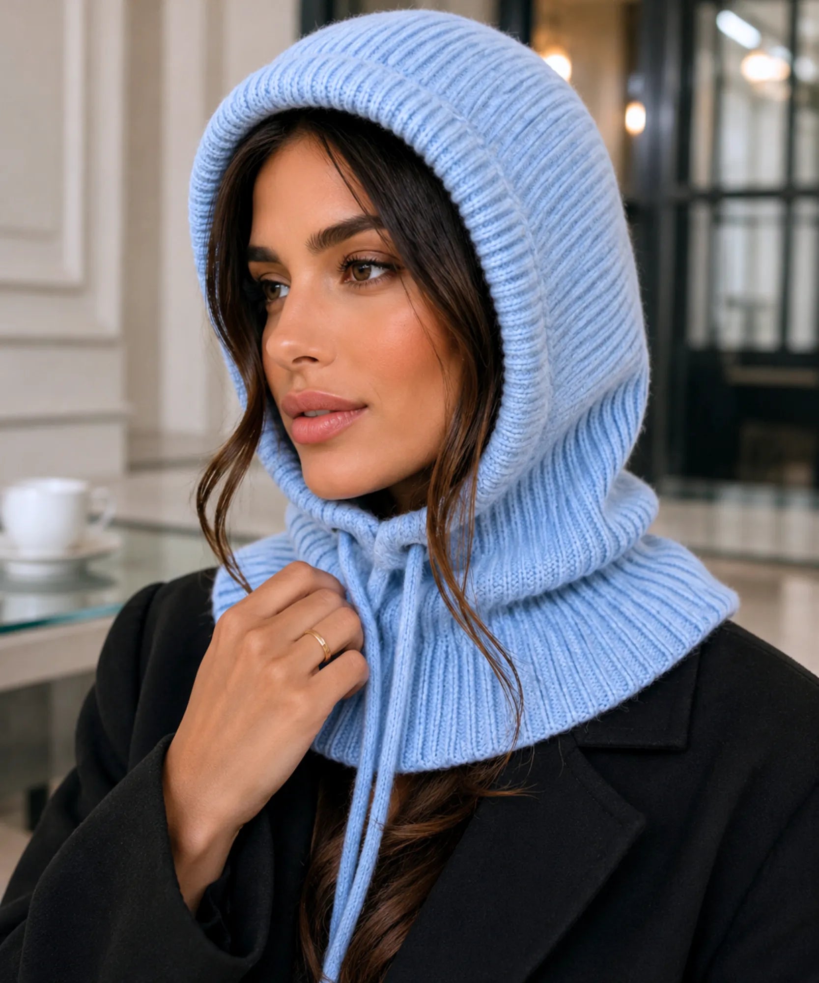 Comprar gorro feminino de tricô com capuz e gola alta para inverno confortável e com proteção térmica barato ANELLIMN