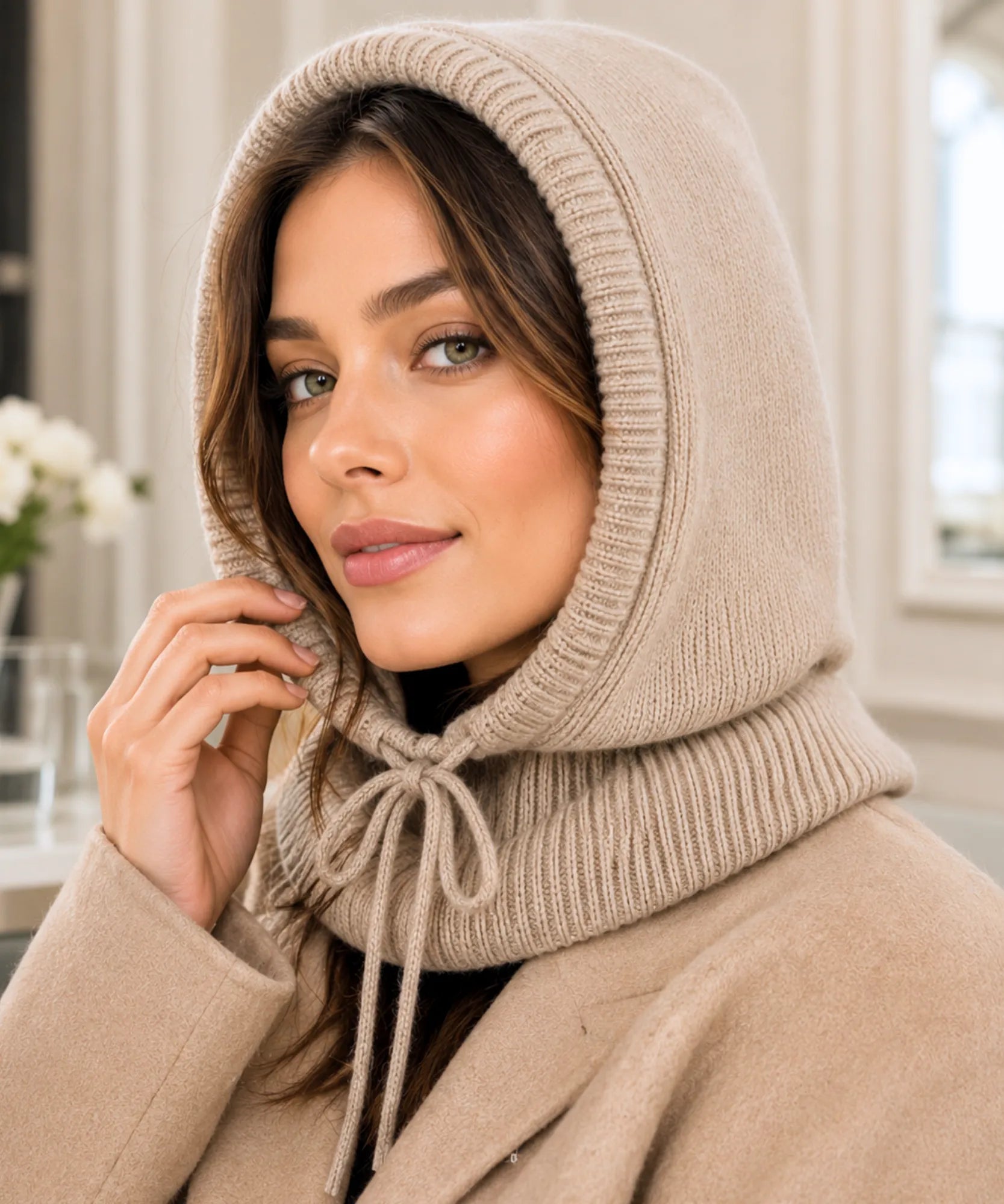Comprar gorro feminino de tricô com capuz e gola alta para inverno confortável e com proteção térmica barato ANELLIMN
