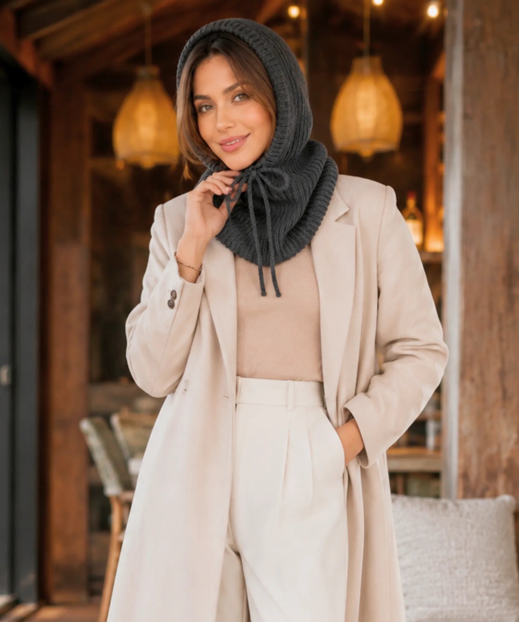 Comprar gorro feminino de tricô com capuz e gola alta para inverno confortável e com proteção térmica barato ANELLIMN