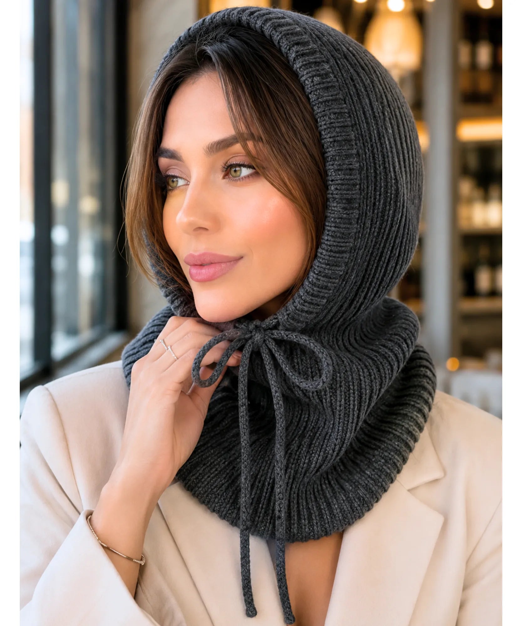 Comprar gorro feminino de tricô com capuz e gola alta para inverno confortável e com proteção térmica barato ANELLIMN