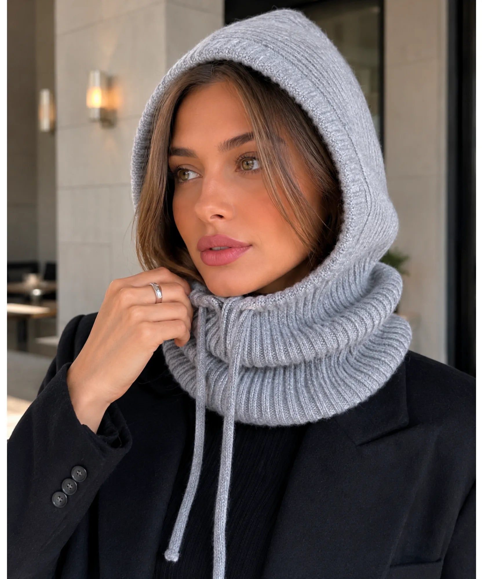 Comprar gorro feminino de tricô com capuz e gola alta para inverno confortável e com proteção térmica barato ANELLIMN