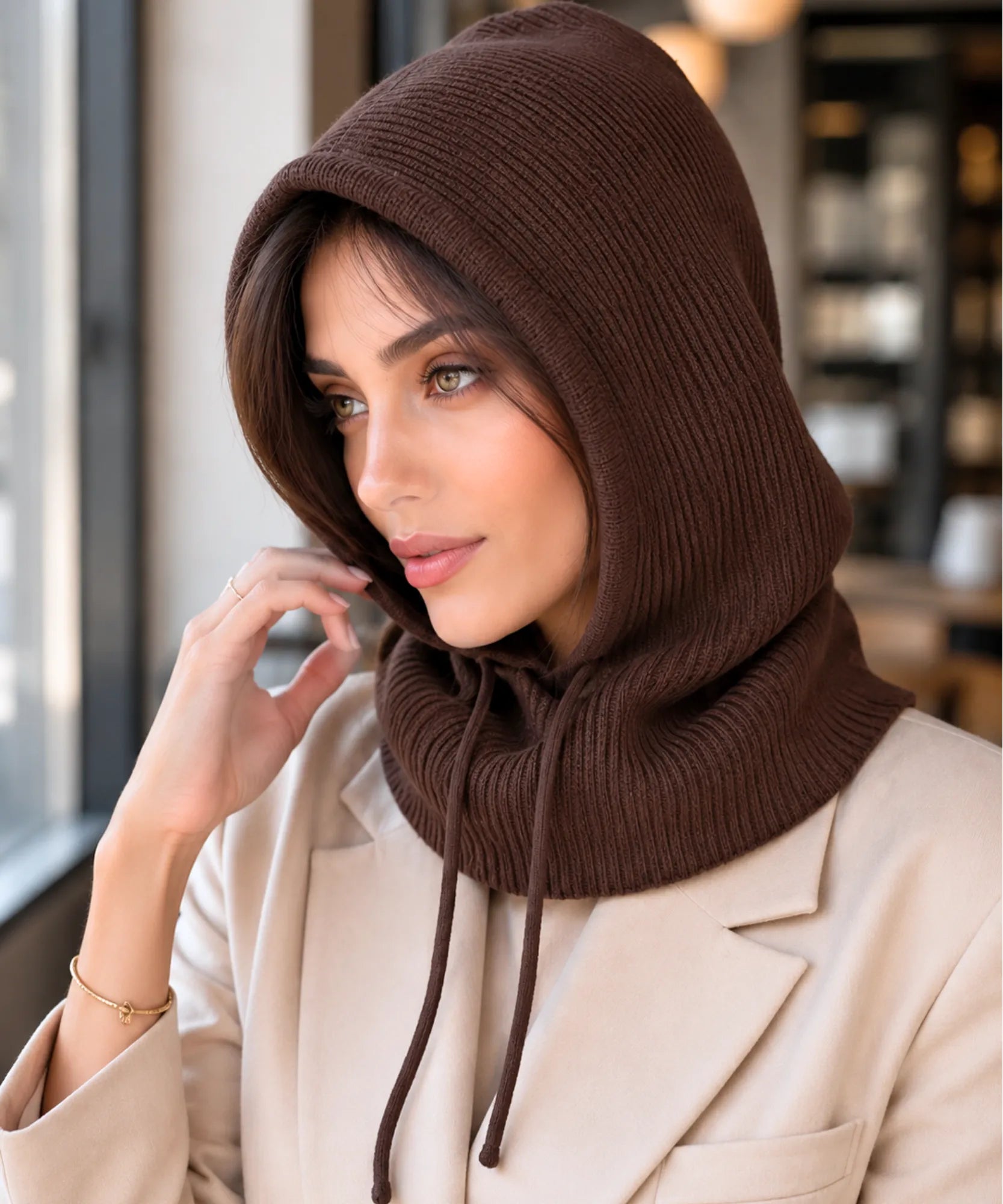 Comprar gorro feminino de tricô com capuz e gola alta para inverno confortável e com proteção térmica barato ANELLIMN