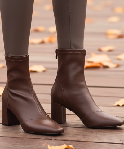 Comprar bota bico quadrado feminina couro elástico salto bloco 7cm zíper metal sola borracha promoção AREZZO