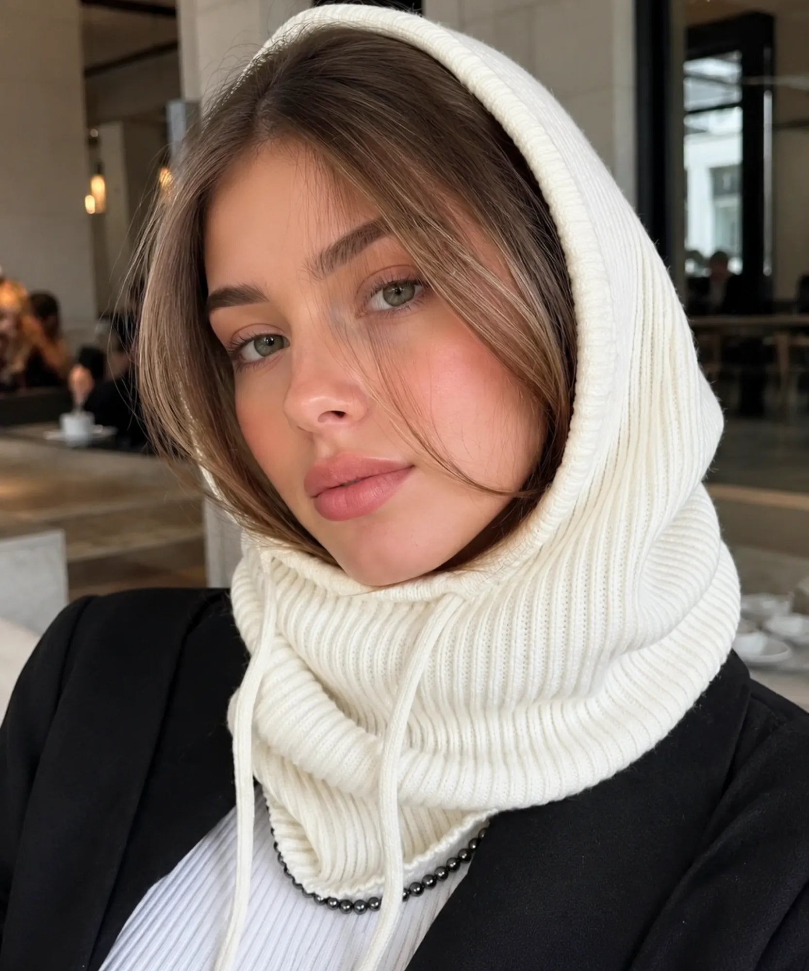 Comprar gorro feminino de tricô com capuz e gola alta para inverno confortável e com proteção térmica barato ANELLIMN