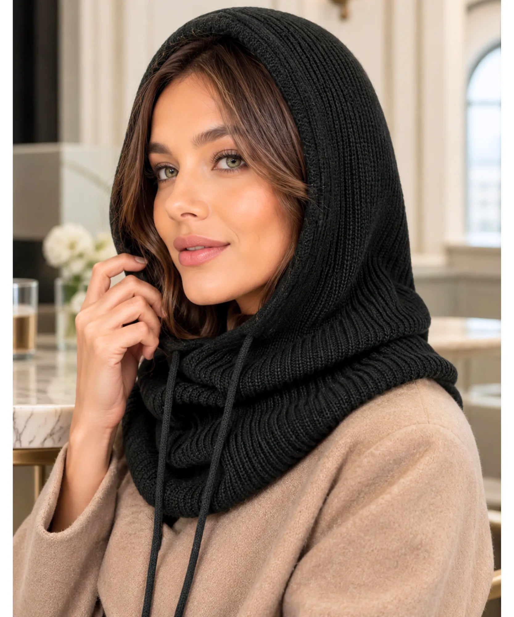 Comprar gorro feminino de tricô com capuz e gola alta para inverno confortável e com proteção térmica barato ANELLIMN