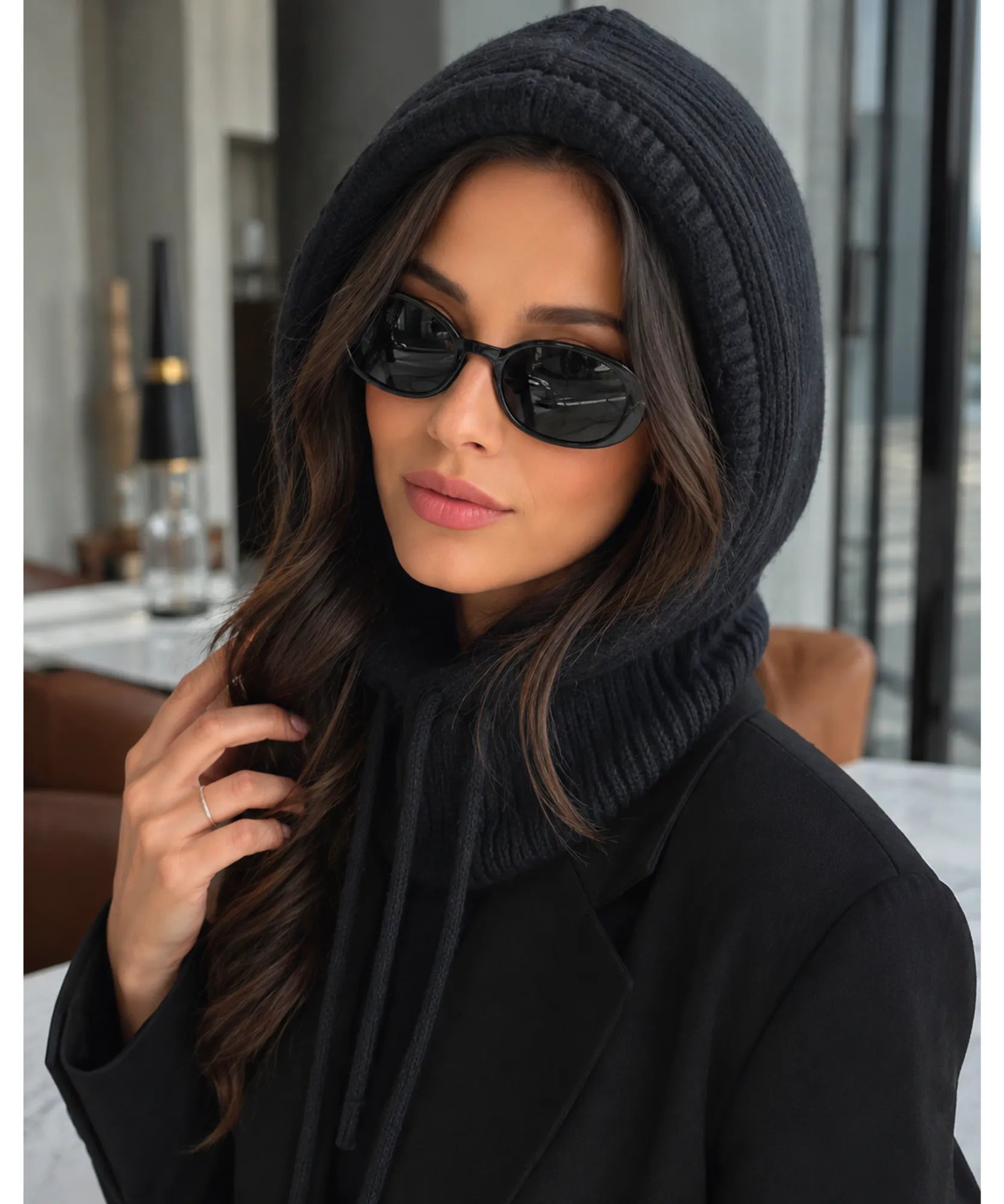 Comprar gorro feminino de tricô com capuz e gola alta para inverno confortável e com proteção térmica barato ANELLIMN