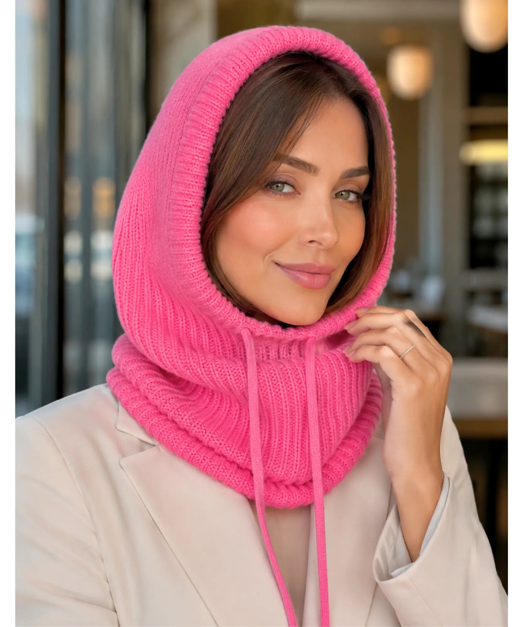 Comprar gorro feminino de tricô com capuz e gola alta para inverno confortável e com proteção térmica barato ANELLIMN
