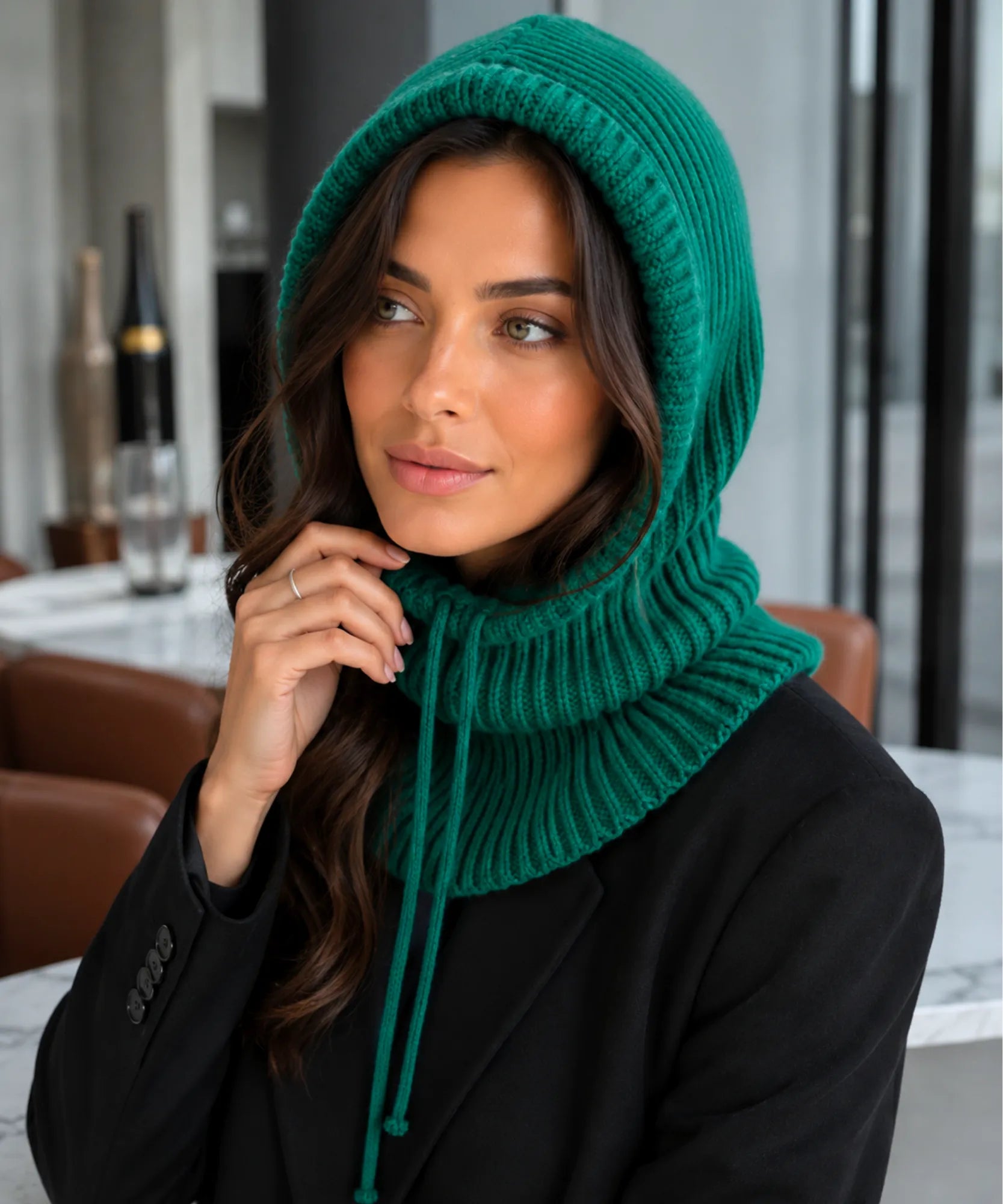 Comprar gorro feminino de tricô com capuz e gola alta para inverno confortável e com proteção térmica barato ANELLIMN