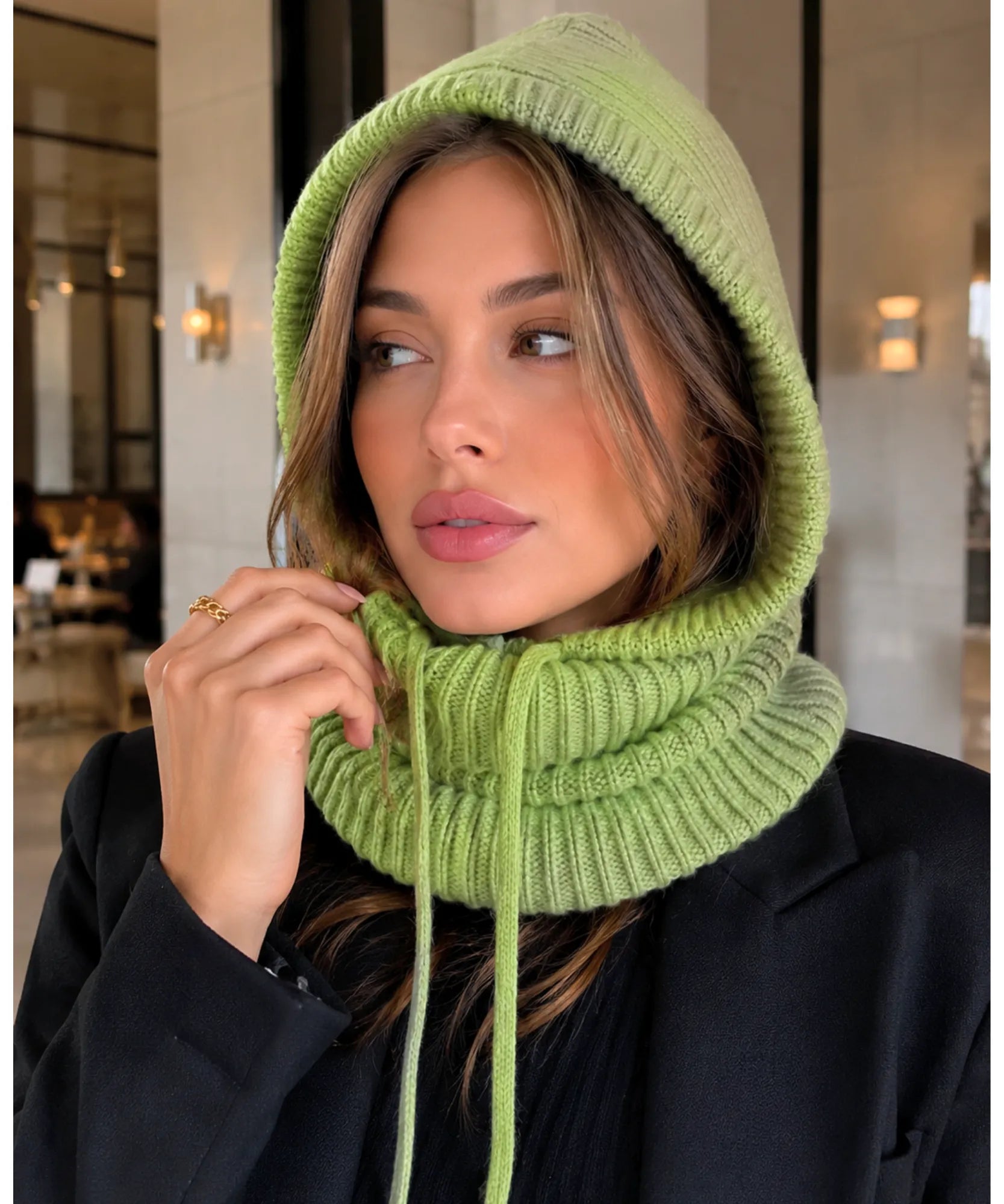 Comprar gorro feminino de tricô com capuz e gola alta para inverno confortável e com proteção térmica barato ANELLIMN