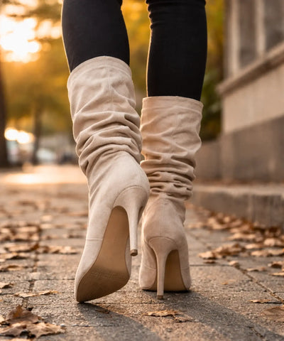 Comprar bota cano medio feminina salto fino bico fino suede franzida barato ou em promoção