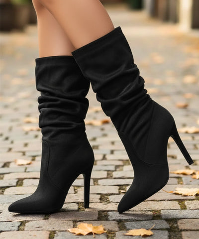 Comprar bota cano medio feminina salto fino bico fino suede franzida barato ou em promoção