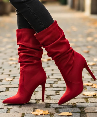 Comprar bota cano medio feminina salto fino bico fino suede franzida barato ou em promoção