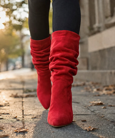 Comprar bota cano medio feminina salto fino bico fino suede franzida barato ou em promoção