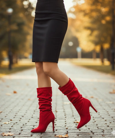 Comprar bota cano medio feminina salto fino bico fino suede franzida barato ou em promoção