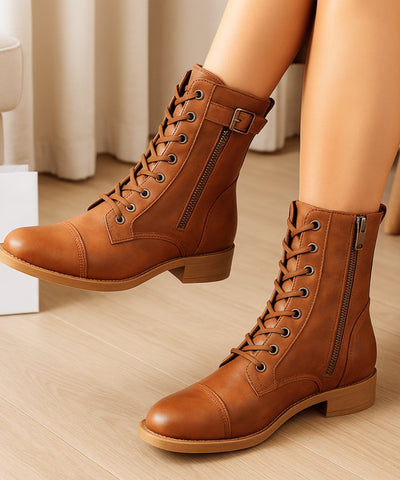 Comprar bota cano médio feminina vintage coturno caramelo com visual retrô e solado antiderrapante para dias frios em promoção DAFITI
