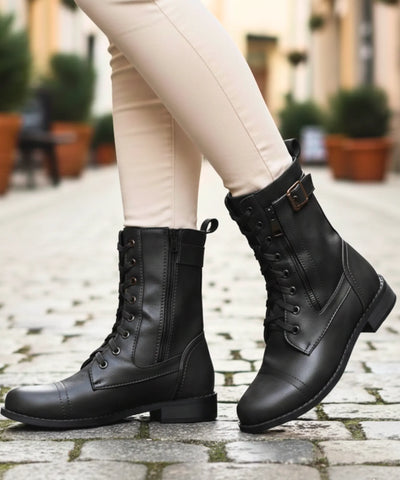 Comprar bota coturno feminina couro ecológico cano médio zíper lateral salto bloco solado antiderrapante AREZZO