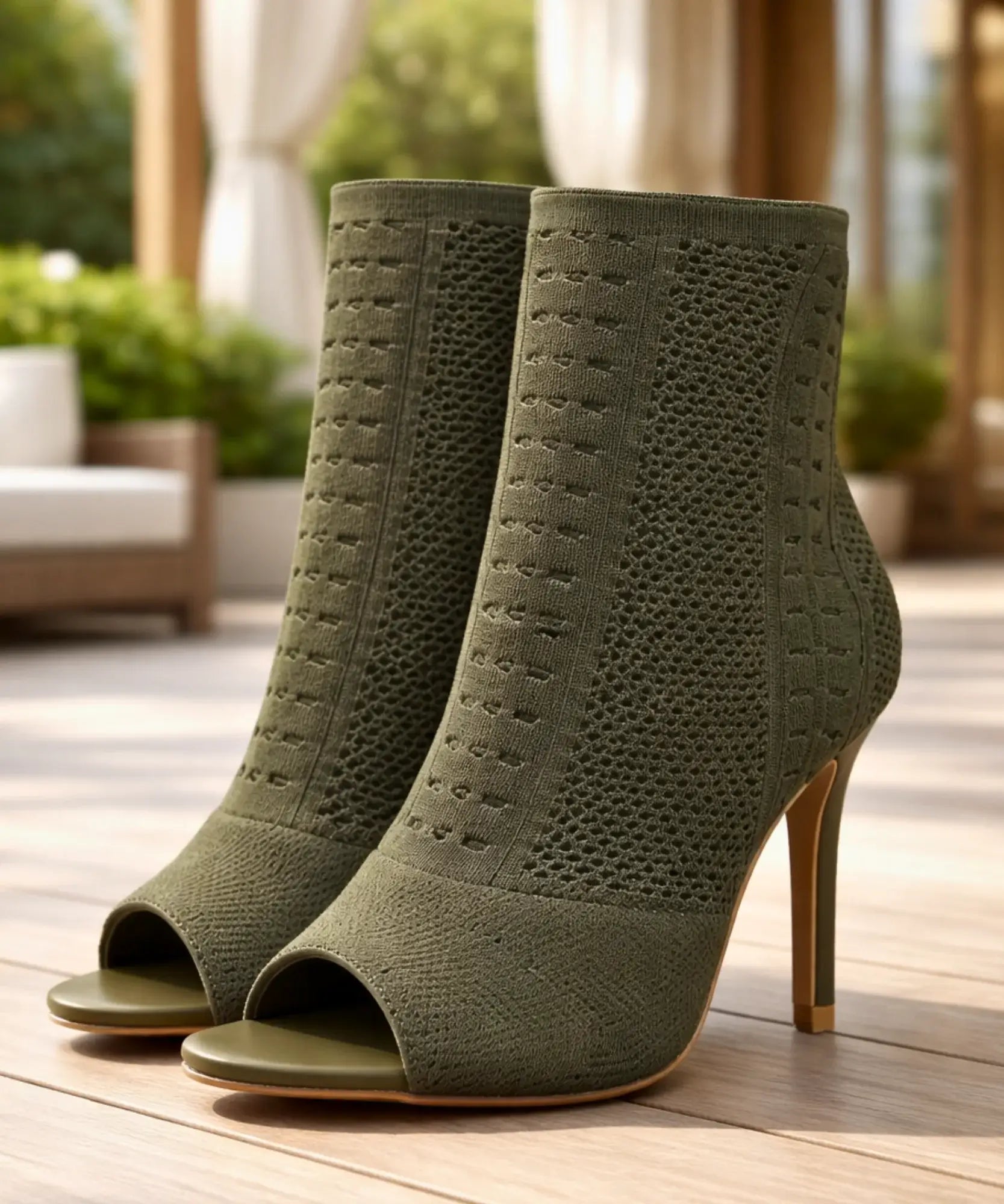 Comprar bota feminina cano curto salto alto tricot bico aberto elegante confortável barata em promoção