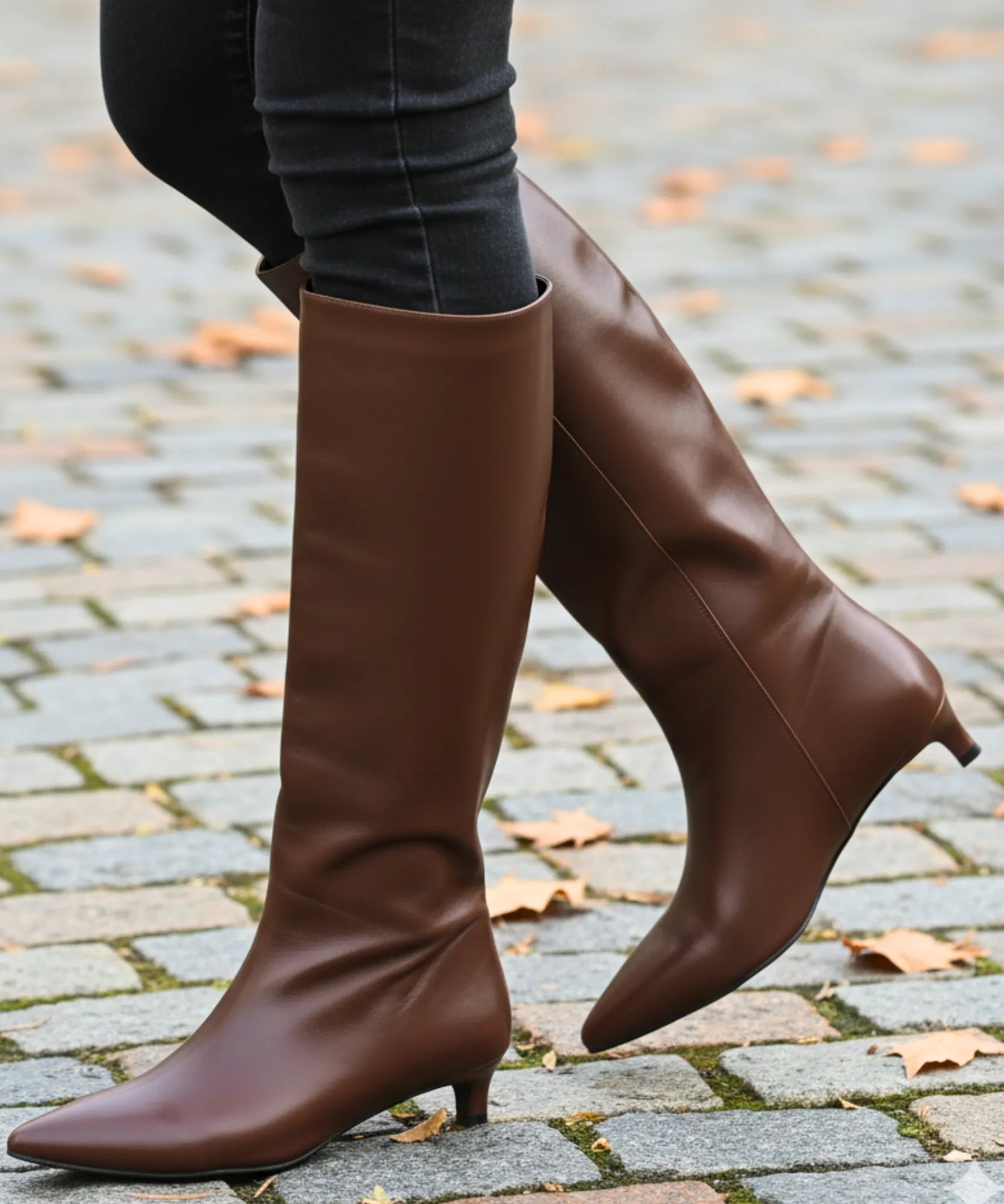 Comprar bota feminina cano longo com salto fino baixo em couro elegante e confortável para inverno, looks urbanos ou casuais barato VIZZANO
