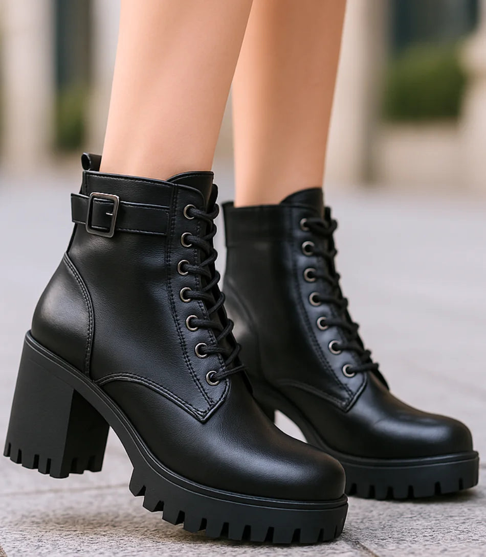 Comprar bota feminina coturno preto cano curto com salto tratorado, zíper lateral e cadarço em couro confortável em promoção DAFITI
