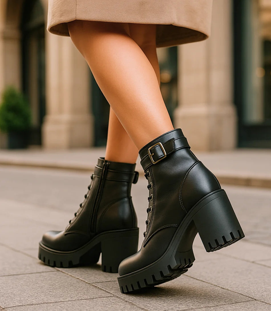 Comprar bota feminina coturno preto cano curto com salto tratorado, zíper lateral e cadarço em couro confortável em promoção DAFITI
