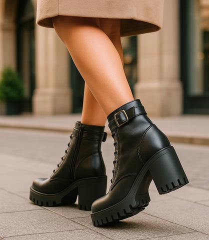 Comprar bota feminina coturno preto cano curto com salto tratorado, zíper lateral e cadarço em couro confortável em promoção DAFITI
