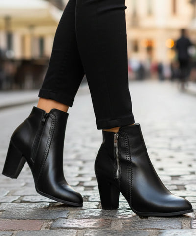 Comprar bota feminina de couro com salto bloco e zíper lateral para looks elegantes, urbanos e confortáveis no dia a dia VIA MARTE