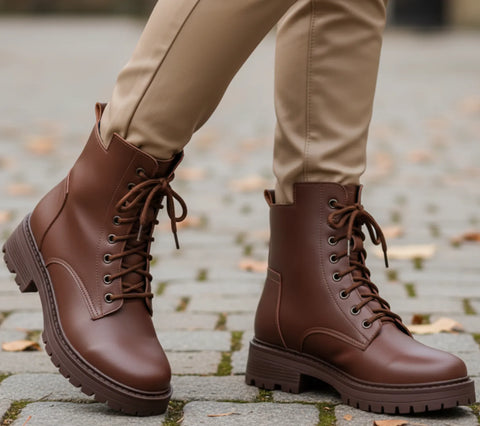 Comprar bota feminina tratorada de couro legítimo com solado robusto e cano curto para estilo urbano com conforto ANELLIMN