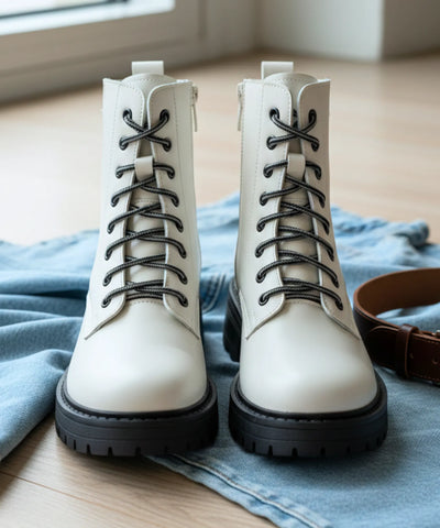 Comprar bota feminina tratorada de couro legítimo com solado robusto e cano curto para estilo urbano com conforto ANELLIMN