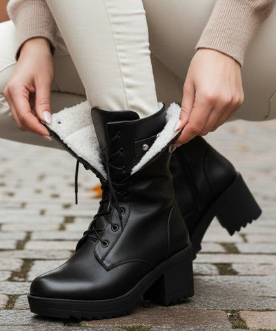 Comprar bota feminina tratorada forrada coturno com salto grosso e cano alto para inverno com conforto térmico e estilo urbano em promoção  VIA MARTE