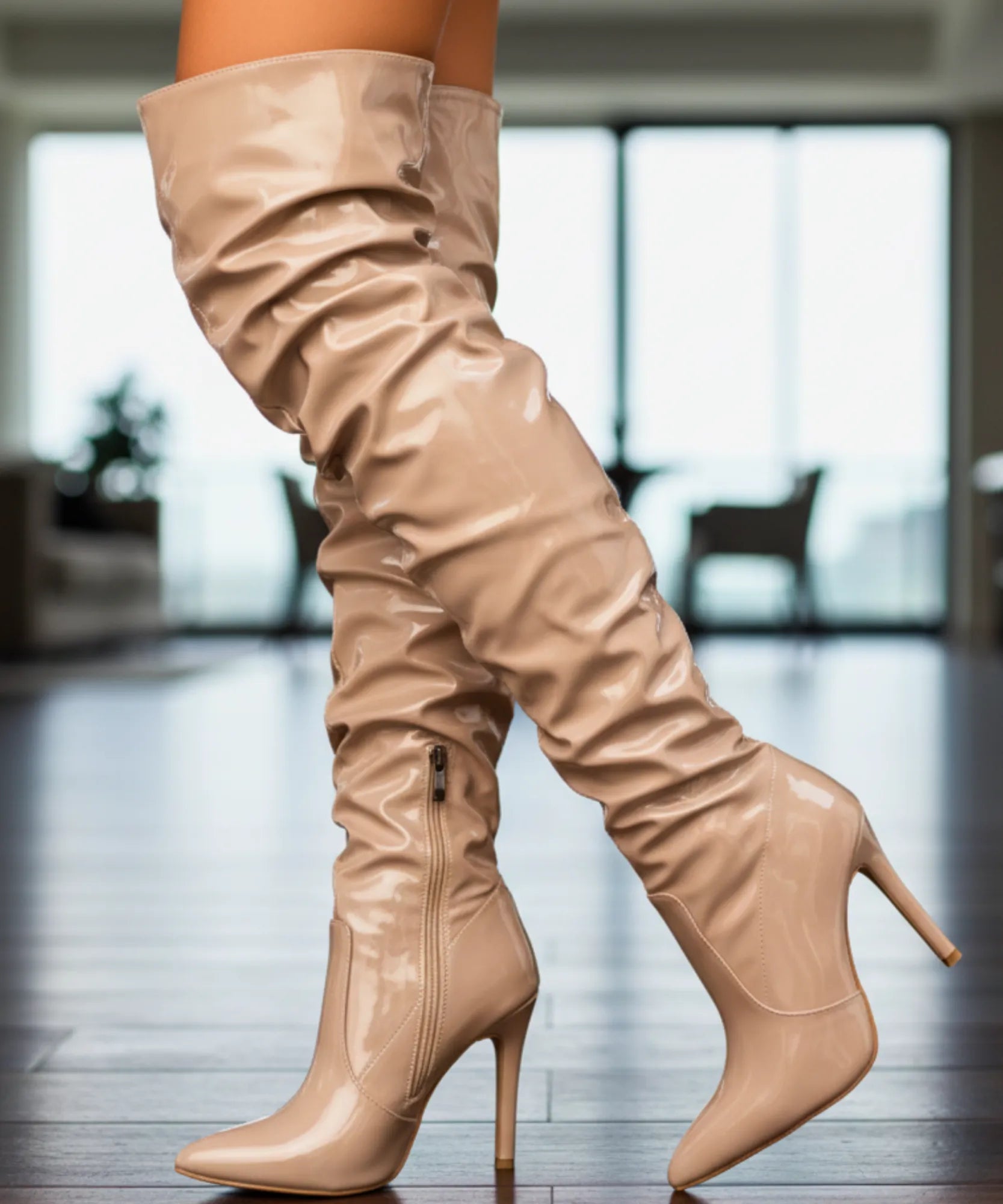 Bota Over the Knee Feminina Salto Fino Vinil - Anellimn