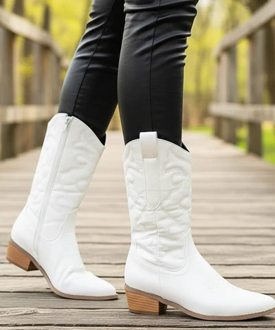 Comprar bota texana feminina cano médio metálica bordado western salto bloco barata AREZZO