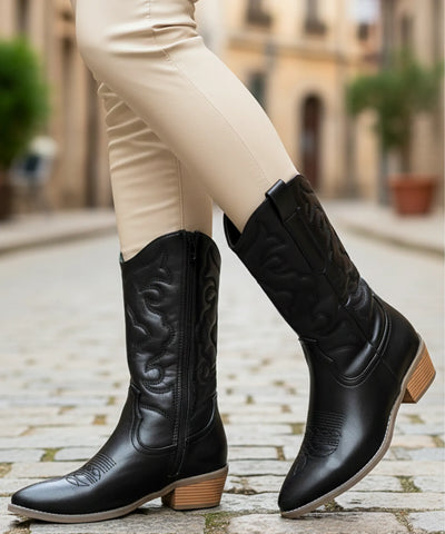 Comprar bota texana feminina cano médio metálica bordado western salto bloco barata AREZZO