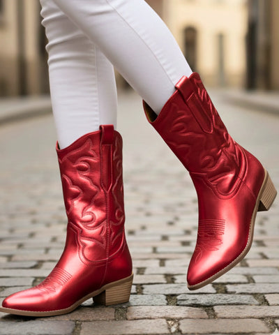 Comprar bota texana feminina cano médio metálica bordado western salto bloco barata AREZZO