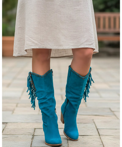 Comprar bota texana feminina com franjas e salto bloco estilo country confortável e elegante em oferta exclusiva barato VIZZANO