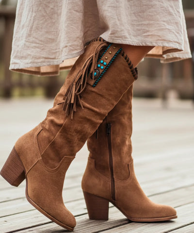 Comprar bota texana feminina com franjas e salto bloco estilo country confortável e elegante em oferta exclusiva barato VIZZANO