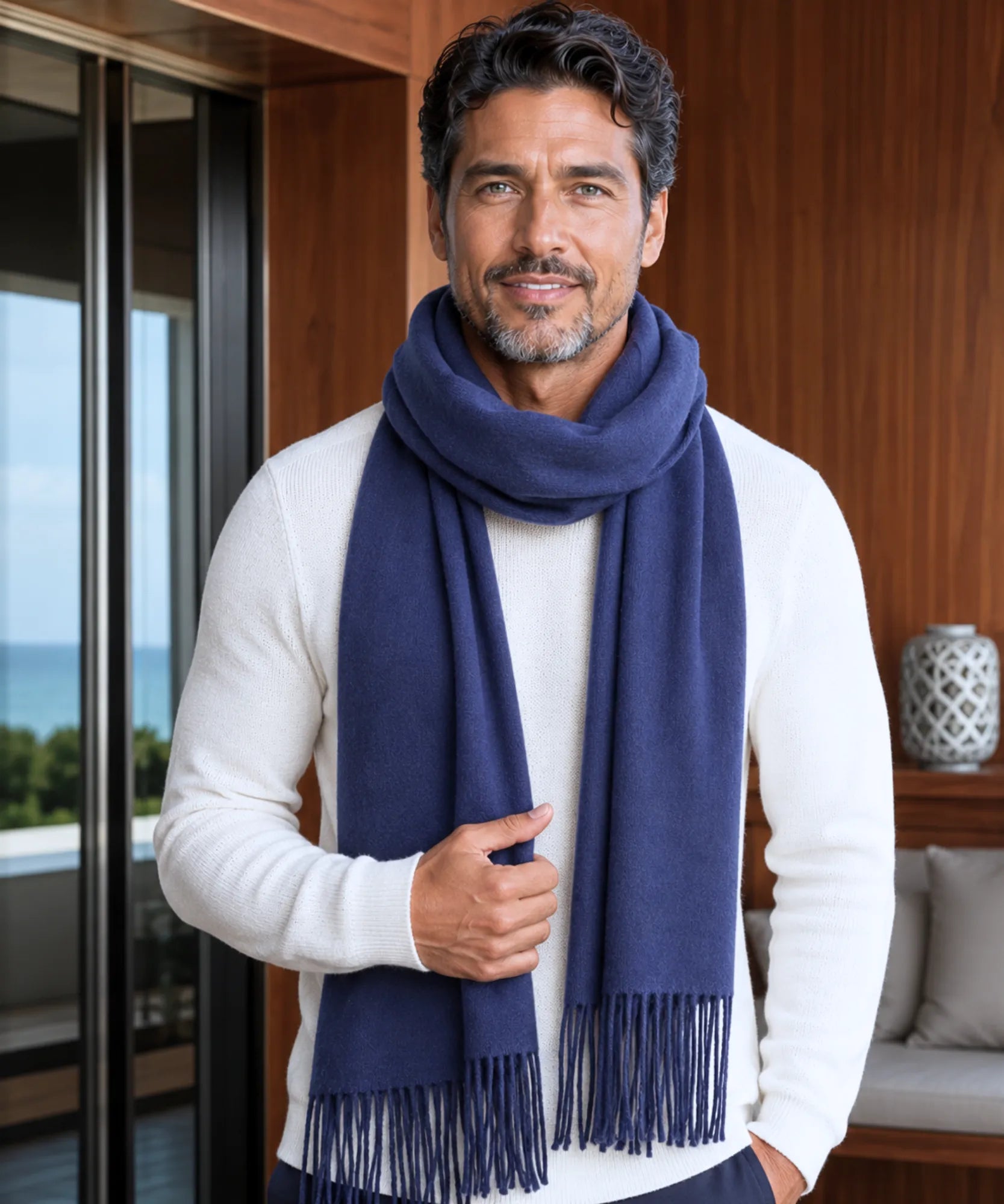 Comprar cachecol masculino de lã premium com franja fina e caimento elegante barato ANELLIMN