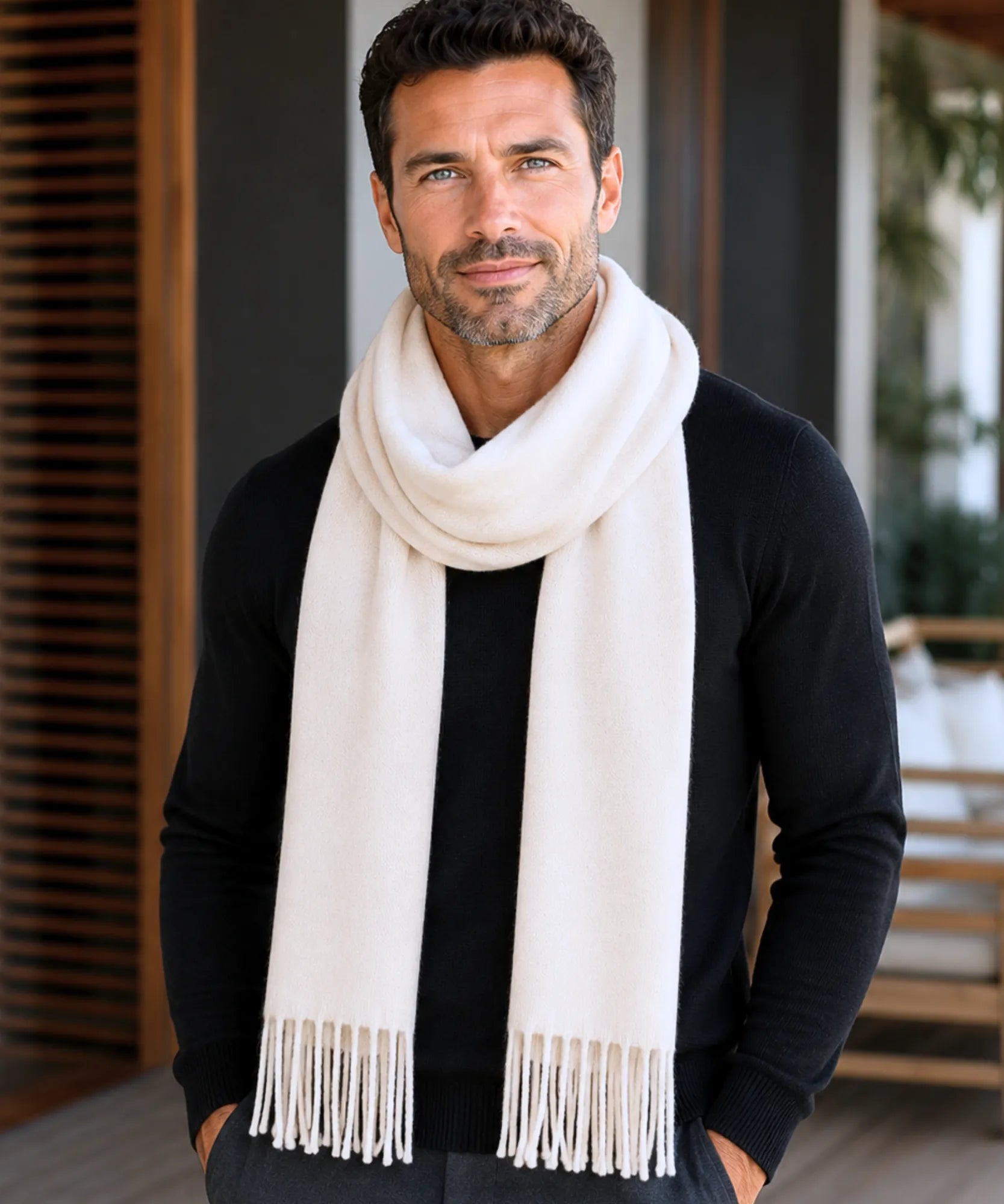Comprar cachecol masculino de lã premium com franja fina e caimento elegante barato ANELLIMN