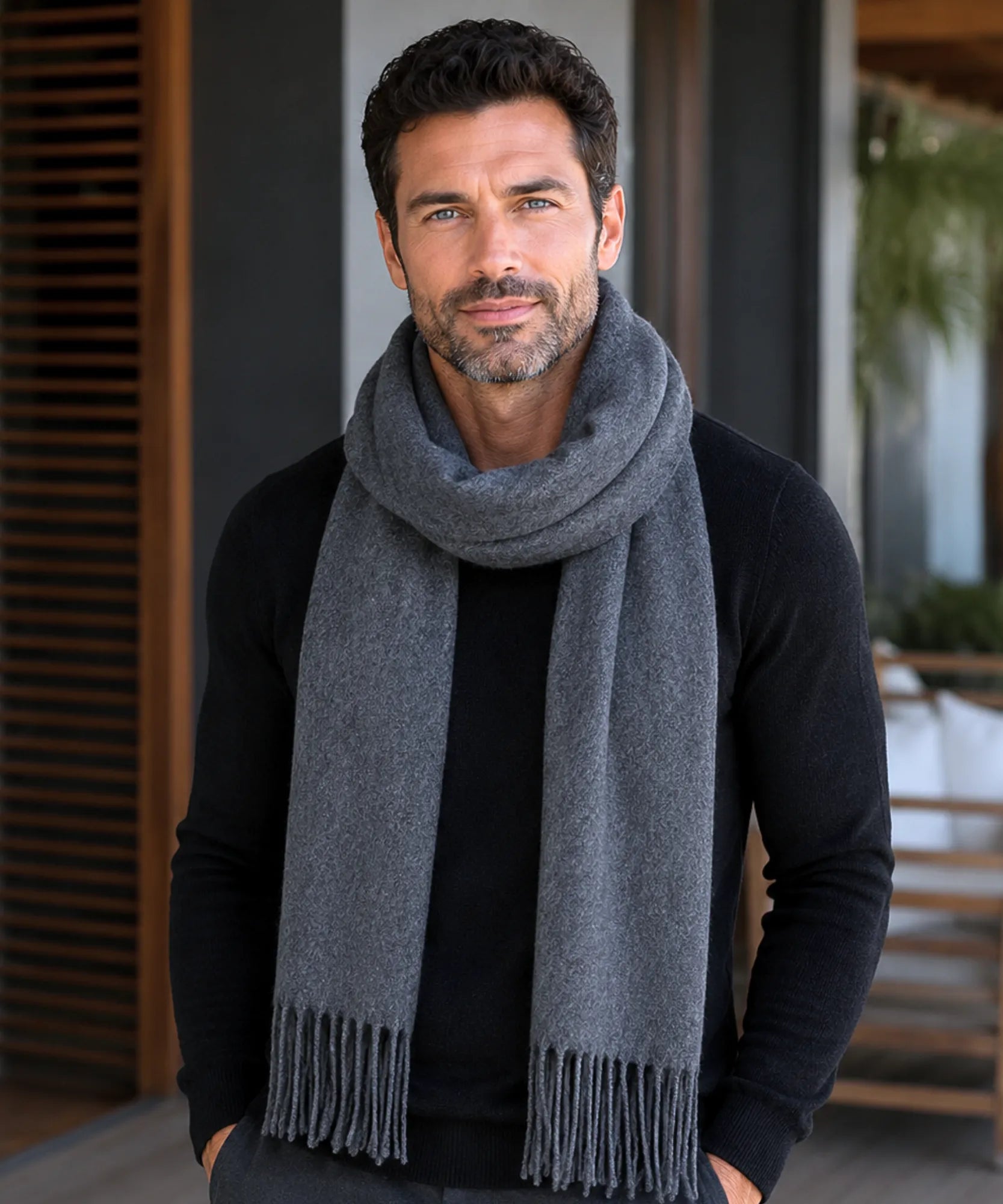 Comprar cachecol masculino de lã premium com franja fina e caimento elegante barato ANELLIMN
