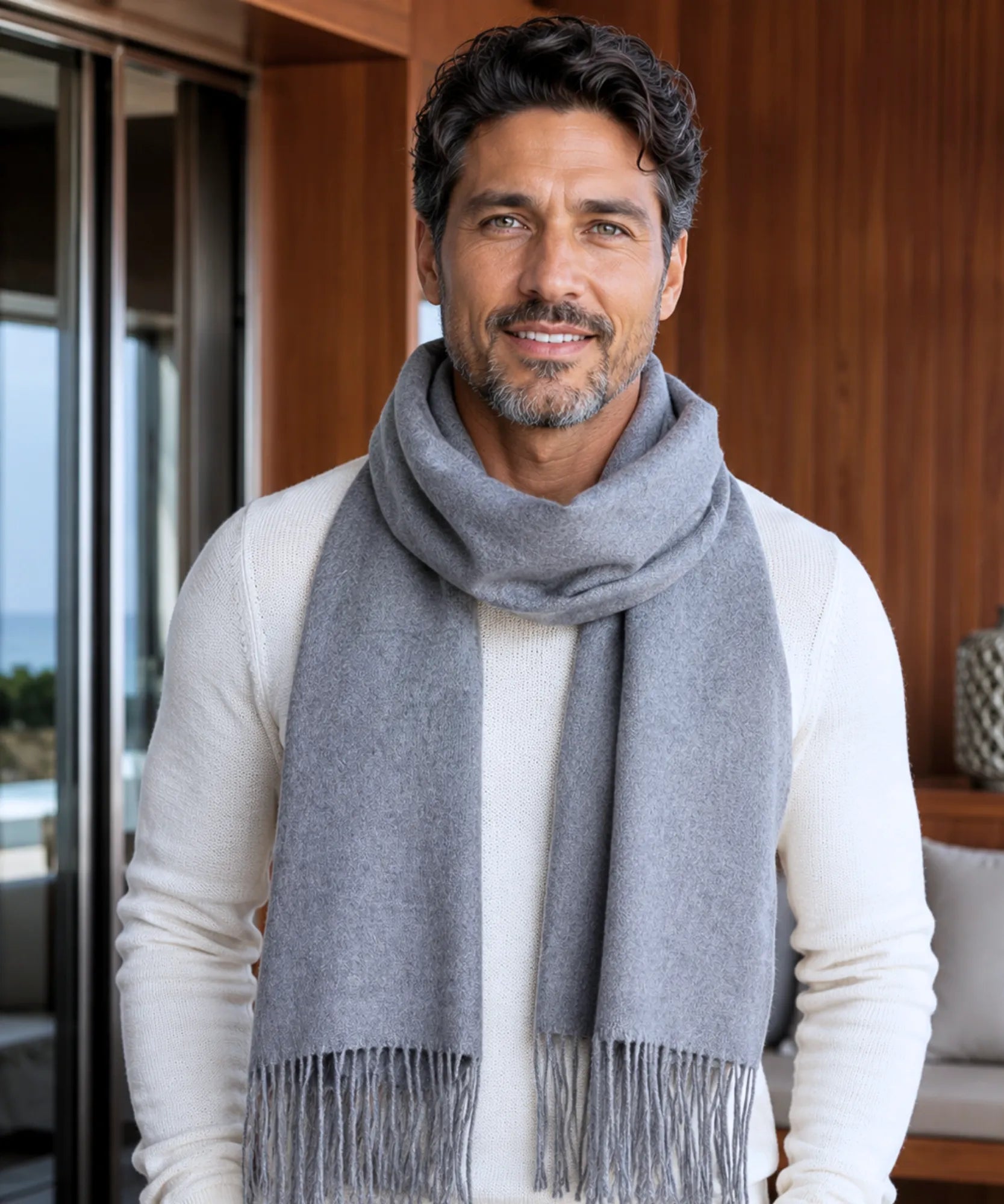 Comprar cachecol masculino de lã premium com franja fina e caimento elegante barato ANELLIMN