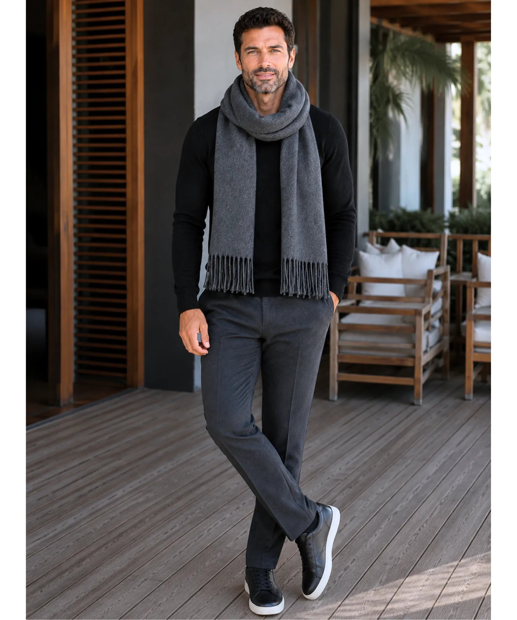 Comprar cachecol masculino de lã premium com franja fina e caimento elegante barato ANELLIMN