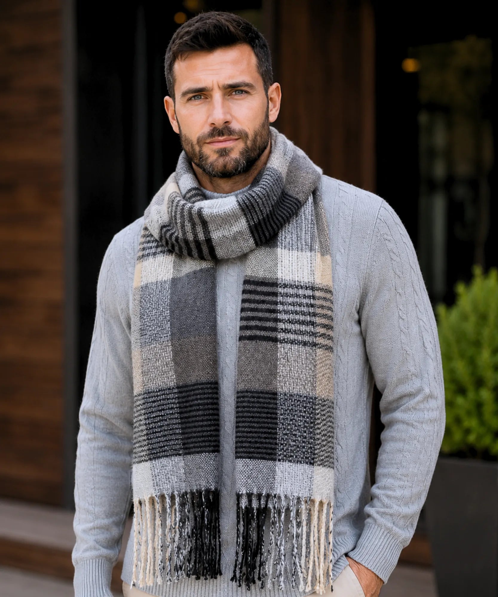 Comprar cachecol masculino de lã elegante com textura encorpada e corte moderno para looks de inverno e meia estação barato ANELLIMN 